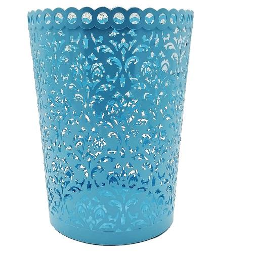Metal Wastebasket Circular Decorated Medium Size Light Blue