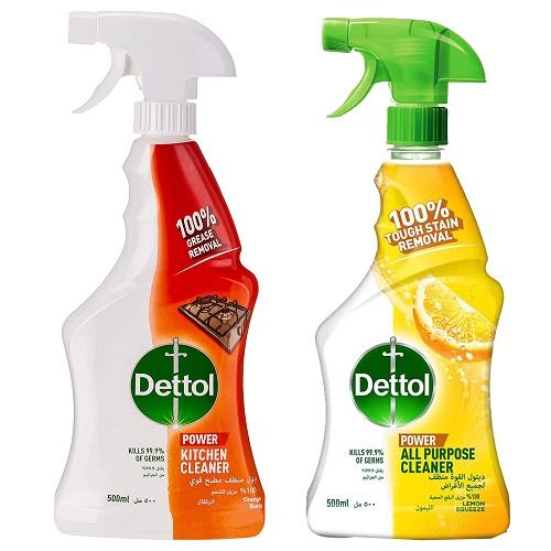 Dettol Cleaner and Removal of Dirt and Crease with Lemon 500ml and Power Kitchen Cleaner Orange Burst 500ml
