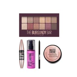 Maybelline Tattoo Liner + Lasting Fix Spray Super + Master Chrome Jelly Highlighter + Lash Sensational Mascara + The Burgundy Bar 