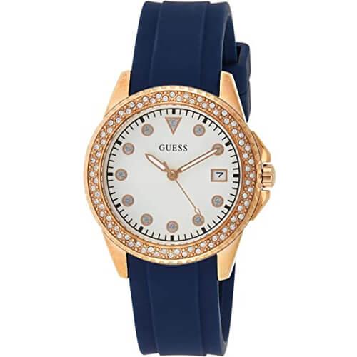 Guess Silicone Bracelet Round Analog White Dial Watch Blue Gold Model No.W1236L2