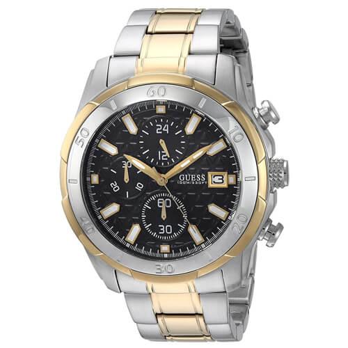 Guess Metallic Round Analog Black Dial Watch Silver Gold Model No.W0746G3