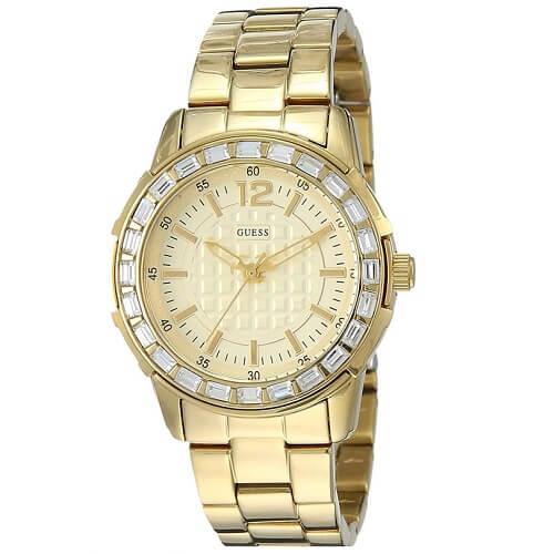 Guess Metallic Round Analog Baguette Crystal Gold Dial Watch Gold Model No.W0018L2