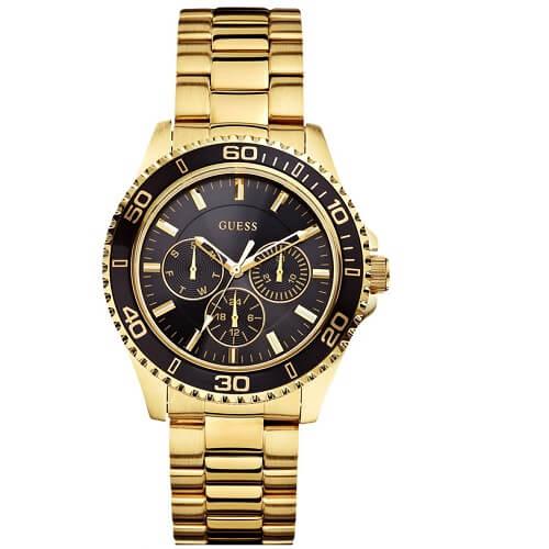 Guess Metallic Round Analog Black Dial Watch Gold Model No.W0231L3