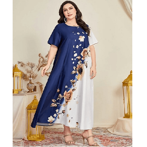 Women's Daraa With Floral Print Blue And White 4XL