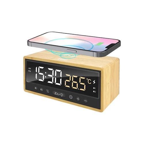XPower QIC5 Bamboo Alarm Clock with Wireless Charger 4in1 15W Brown Model No.F11-BR