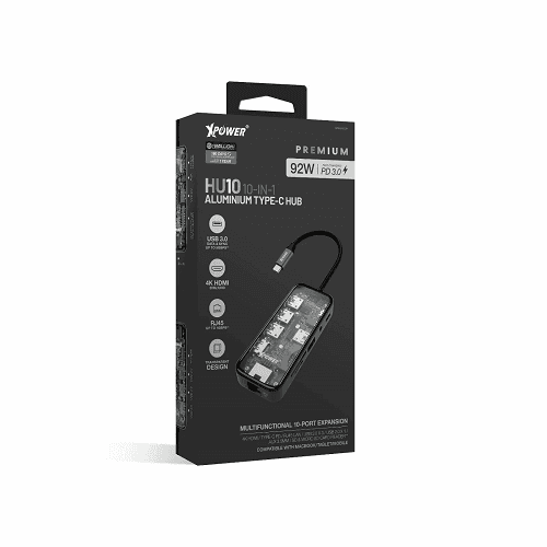 اكس باور اتش اي10 PD Type C هاب 10في1 92واط رمادي شفاف موديل رقم.XP-HU10-GY