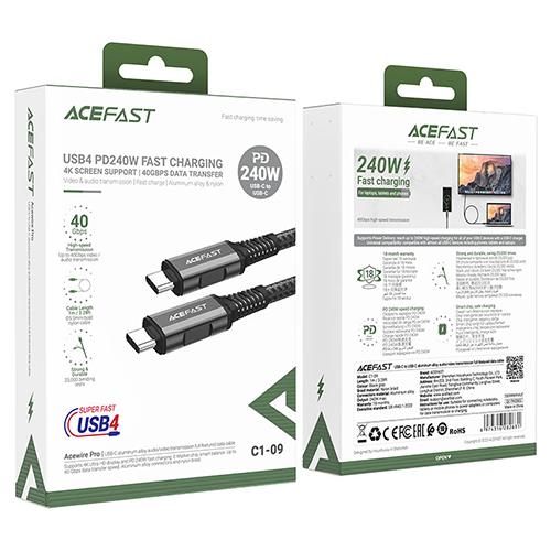 ايس فاست C1-09 كابل شحن وبيانات من الالومنيوم Type C الى Type C بطول 1م 240واط اسود رقم.15904