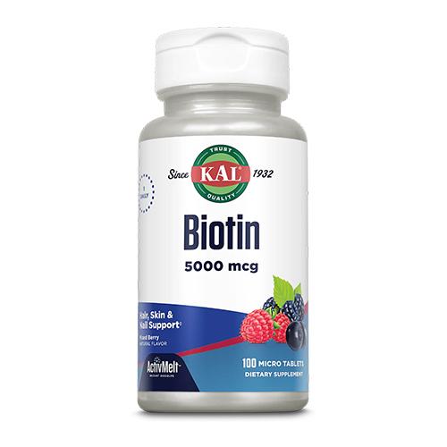 Kal Biotin 5000mcg Active Melt Dietary Supplement to Support Hair Skin and Nail Mixed Berry Flavor 100Tablets