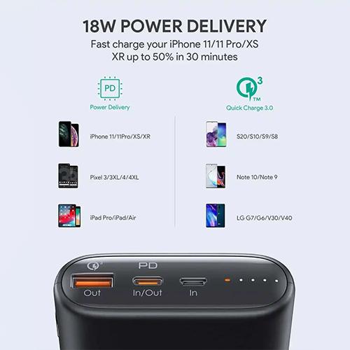اوكي اسينشال باور بنك 15000مللي امبيرQC وPD بمنفذين USB وType C شحن سريع 18واط اسود موديل رقم.PB-Y39