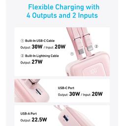 Anker Zolo Power Bank 20K 30W Built in Type C and Lightning Cable Pink