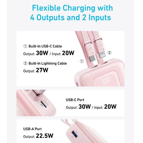 Anker Zolo Power Bank 20K 30W Built in Type C and Lightning Cable Pink