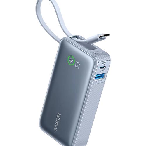 انكر نانو باور بنك 1000مللي امبير بمنفذين USB و Type C مع كابل مدمج Type C بي دي 30واط ازرق