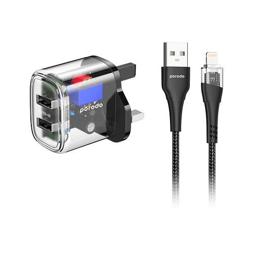 Porodo Dual Output Transparent Charger 2.4A with USB A to Lightning Cable 1.2m Black