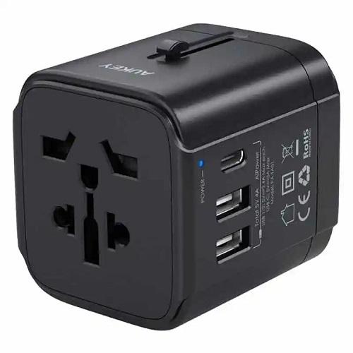 Aukey Universal Travel Adapter 2 USB Port and 1 Type C Port Black Model No.PATA01 