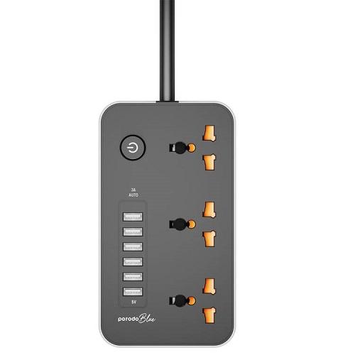 Porodo Blue Multi Port Power Socket with 2500W 5V/3A Output 6USB Ports 2m Cable Black