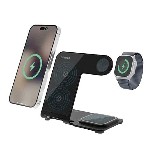 Porodo 3in1 Dual Coil Wireless Charging Dock 15W PD 20W Black Model No.PDFWCH015BK