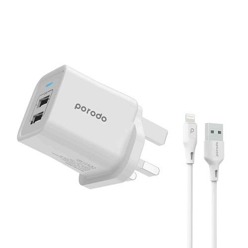 Porodo Dual USB Wall Charger 2.4A UK with PVC Lightning Cable 1.2m White Model No.PDFWCH011LWH