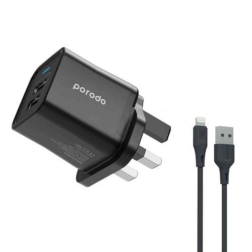 Porodo Dual USB Wall Charger 2.4A UK with PVC Lightning Cable 1.2m Black Model No.PDFWCH011LBK