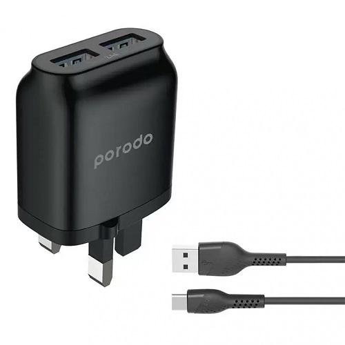 Porodo Dual USB Wall Charger 2.4A with PVC Type C Cable 1.2m Black Model No.PDFWCH011CBK