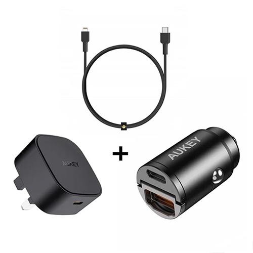 Aukey On The Go Bundle II Mini 20W PD Wall Charger Portable World Smallest 30W Car Charger Nylon Braided 1.2m Type C To Lightning Cable