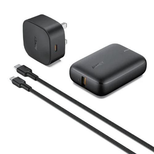 Aukey On The Go Bundle I Mini 20W PD Wall Charger Portable 10000mAh PD Power Bank Nylon Braided 1.2m Type C To Lightning Cable