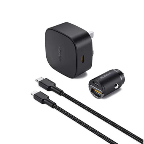 Aukey On The Go Bundle II Mini 20W PD Wall Charger Portable World Smallest 30W Car Charger Nylon Braided 1.2m Type C To Lightning Cable