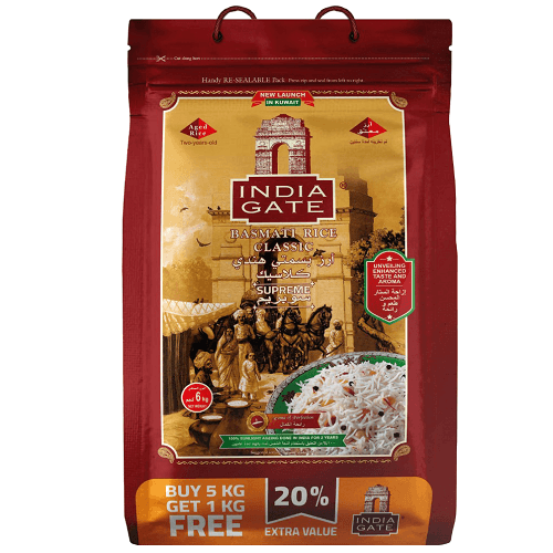 India Gate Indian Basmati Rice Classic Supreme Plastic Bag 5Kg + 1Kg Free