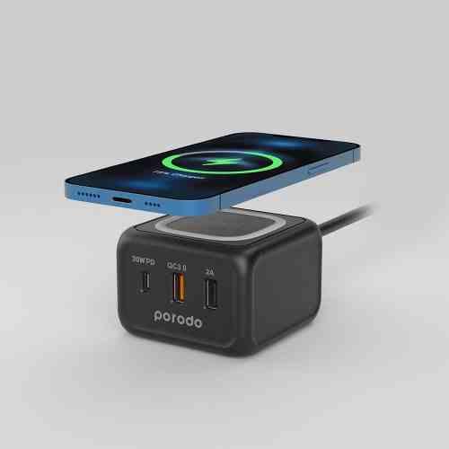 Porodo Desktop Charger with 2Ports USB and Port Type C Fast and Wireless Charger Black