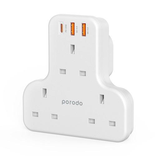 Porodo Multiport Wall Socket 3250W with 3AC and 2USB QC3.0 and Type C PD 20W White