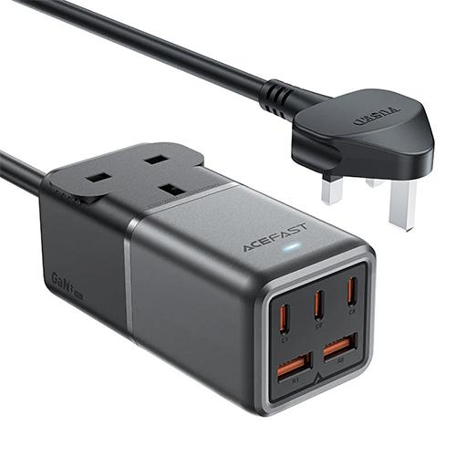 Acefast Fast Charge Power Strip Z3 GaN PD 75W 3Port Type C and 2Port USB UK Desktop Charging Adapter Black Gray