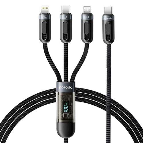 Porodo 3in1 Digital Display Fast Charging Cable TypeC to TypeC and Lightning and Micro 1.2m Black