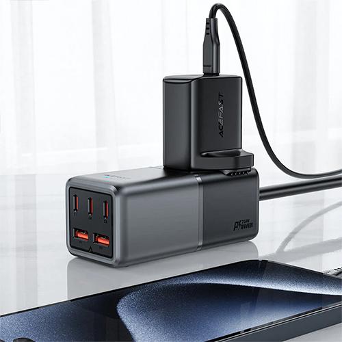 ايس فاست شاحن للمكتب زد3 مشترك مع 3 منافذ PD Type C منفذين USB بقدره 75واط اسود ورمادي
