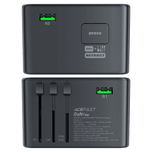 انكر نانو محول السفر 4في1 2منفذ Type Cومنفذ USB ومنفذ تيار متردد 65واط اسود موديل رقم.A9213K11